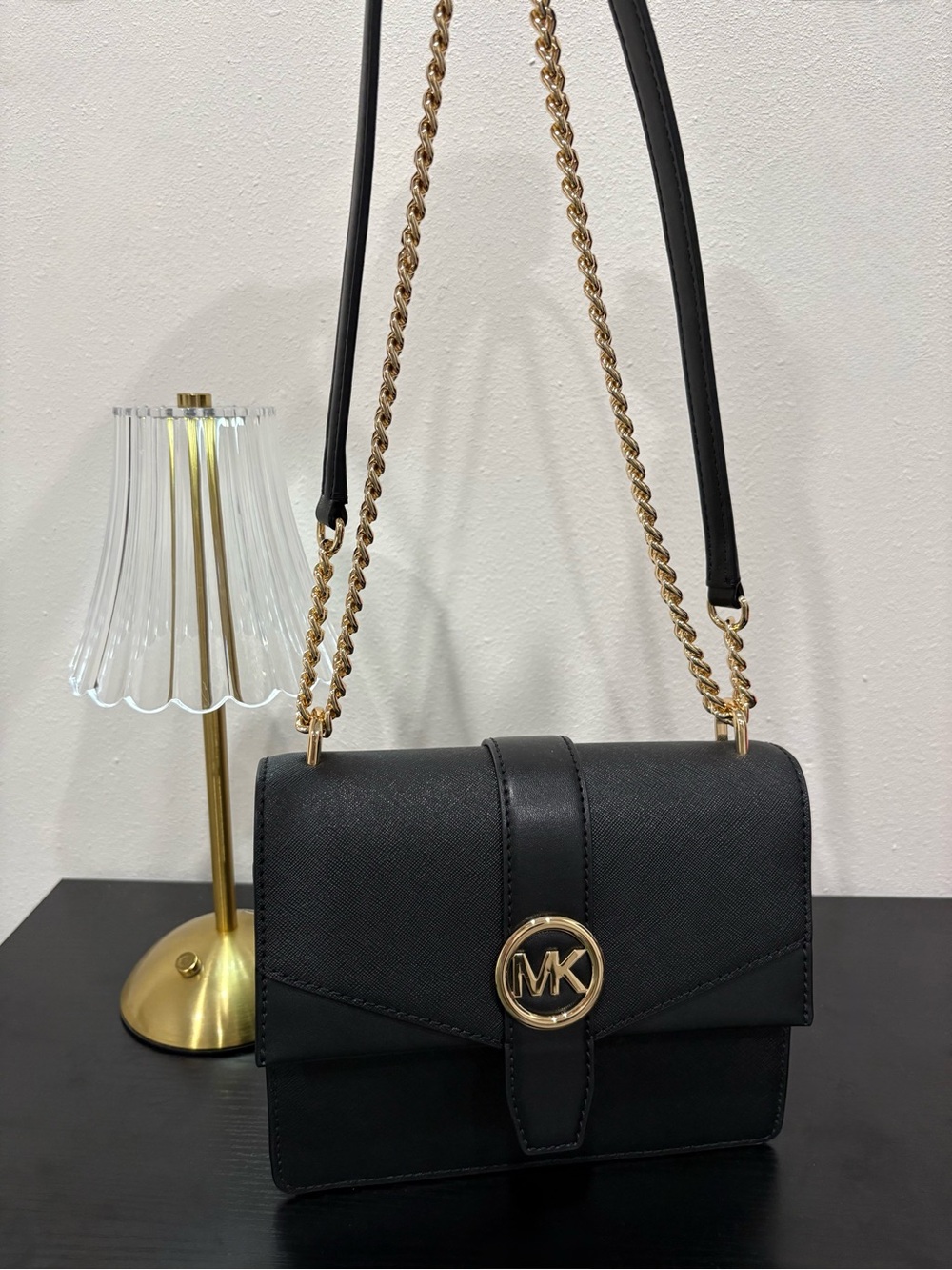 Michael Kors Black Crossbody Bag with Gold MK Chain